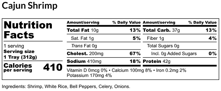 Nutritional Facts - Cajun Shrimp 6oz